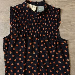 NWT Maeve Navy & Orange Polka-Dotted Ruffled High-Neck Sleeveless Blouse Size 6